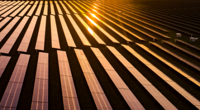 Rows of ground mounted solar panels with the sun setting in the back